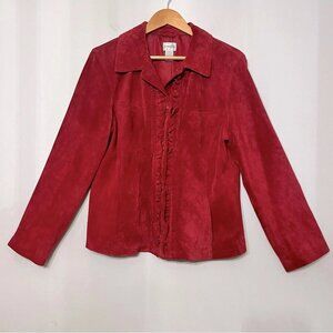Chico's Leather Jacket Red Coat Artsy Southwest Ruffle Size 2 Women's L
